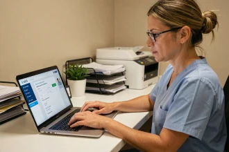 Agente hospitalière consultant son compte CGOS en ligne sur un ordinateur portable dans un bureau administratif