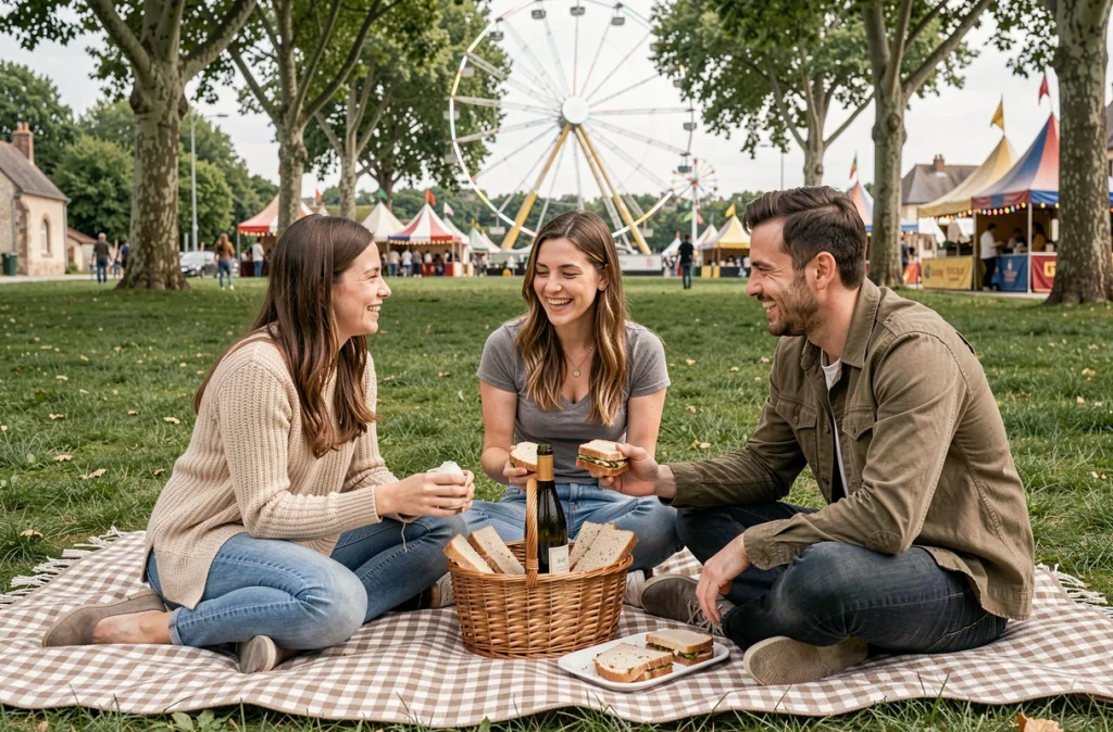 Groupe d'amis pique-niquant économiquement en marge d'une fête de village française avec vue sur les animations estivales
