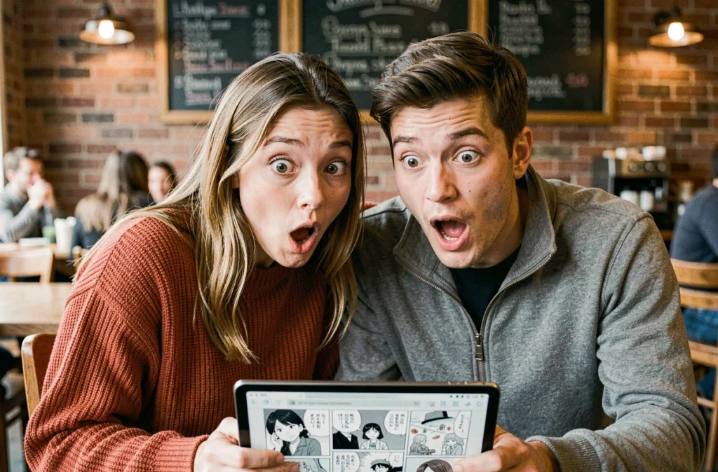 Deux amis réagissant ensemble à la lecture du chapitre 1143 de One Piece sur une tablette dans un café