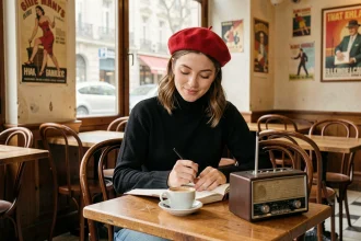 Jeune femme apprenant le français dans un café parisien avec un cahier et une radio vintage des années 60