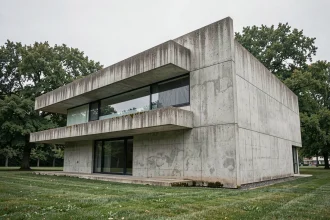 Façade en béton brut d'un bâtiment moderniste inspiré de l'architecture Marcel Breuer, avec volumes en porte-à-faux et fenêtres en bandeau