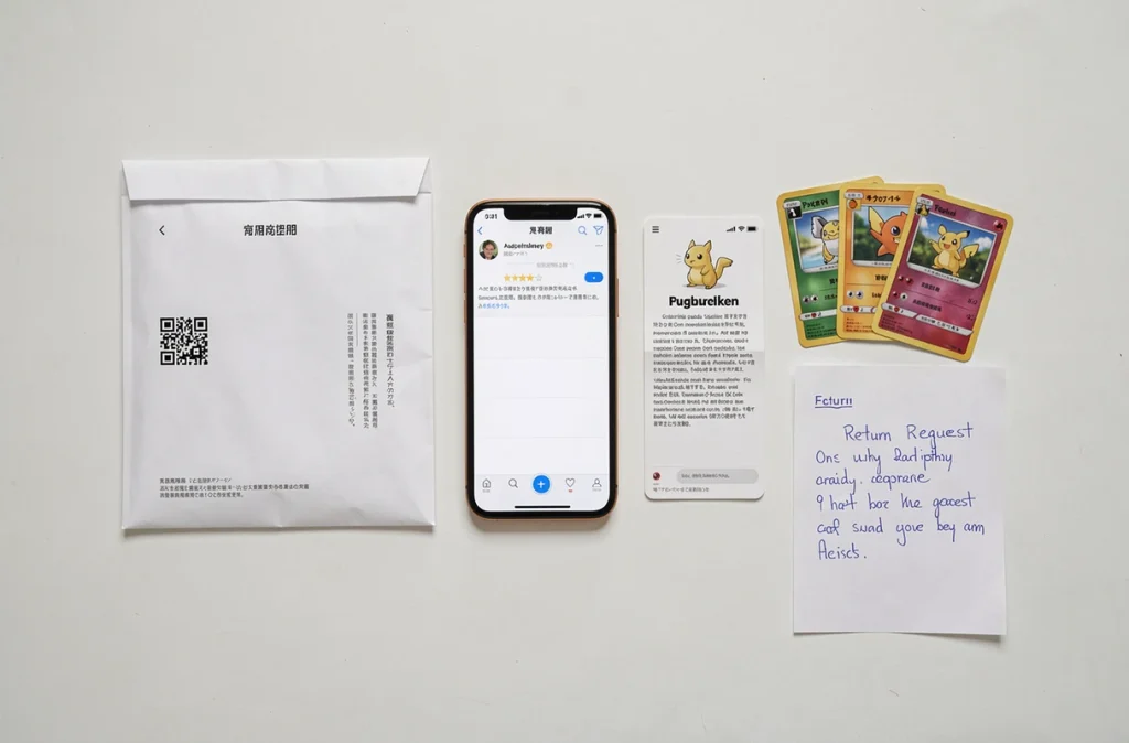 Avis négatif sur smartphone, cartes Pokémon douteuses et enveloppe de retour pour remboursement