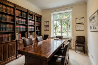 Cabinet d'avocat dans le Val-d'Oise avec bibliothèque juridique et table de conférence en bois sombre