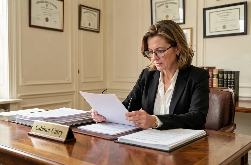 Avocate du Cabinet Catry assise à son bureau en chêne examinant des documents juridiques