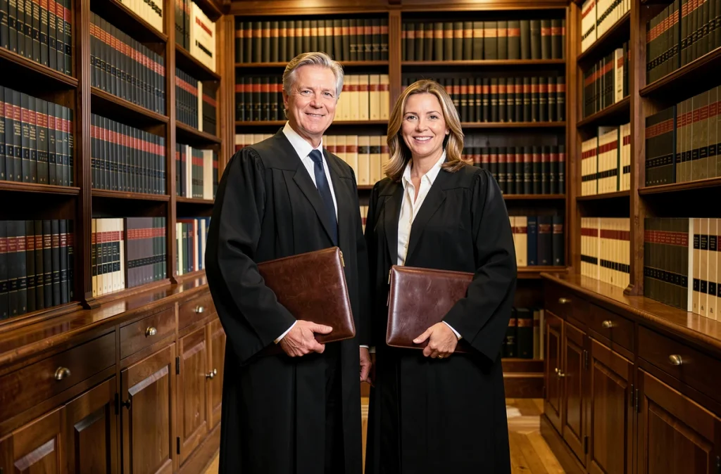 Deux avocats du Cabinet Dumont Soleil en robes noires dans la bibliothèque juridique du cabinet