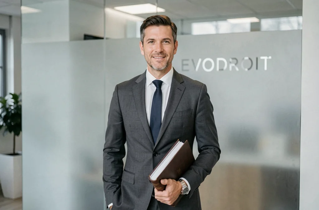 Avocat du Cabinet EVODROIT debout dans la réception moderne du cabinet avec signalétique en verre dépoli