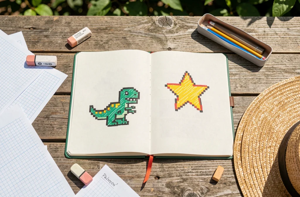 Vue du dessus d'un cahier de vacances ouvert avec des dessins pixel art colorés au feutre sur papier quadrillé