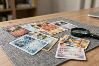 Cartes Pokémon contrefaites comparées à des cartes authentiques sur un bureau avec loupe d'inspection