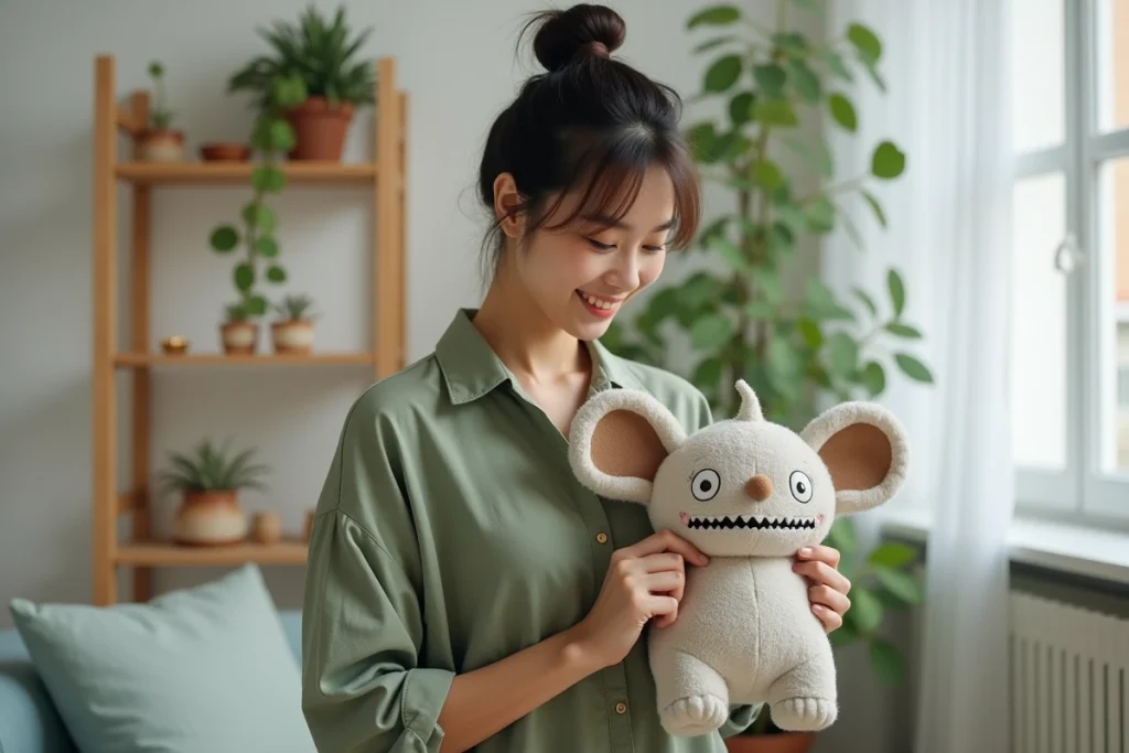 Jeune femme tenant une peluche Labubu collector dans un appartement minimaliste, examinant le jouet design avec admiration