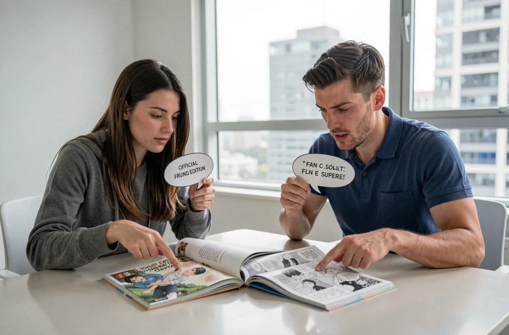 Deux personnes comparant une édition officielle française et un scan fanmade de Solo Leveling posés côte à côte sur une table