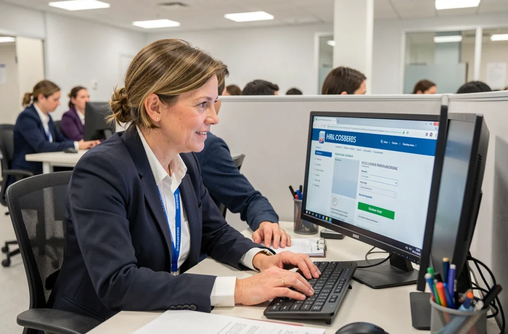 Coordinatrice RH hospitalière aidant un collègue à créer un compte CGOS en ligne sur un ordinateur de bureau
