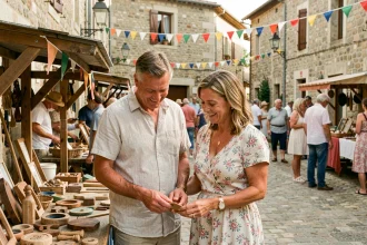 Couple visitant les stands artisanaux d'une fête de village française en été pour profiter des festivités sans dépenser trop