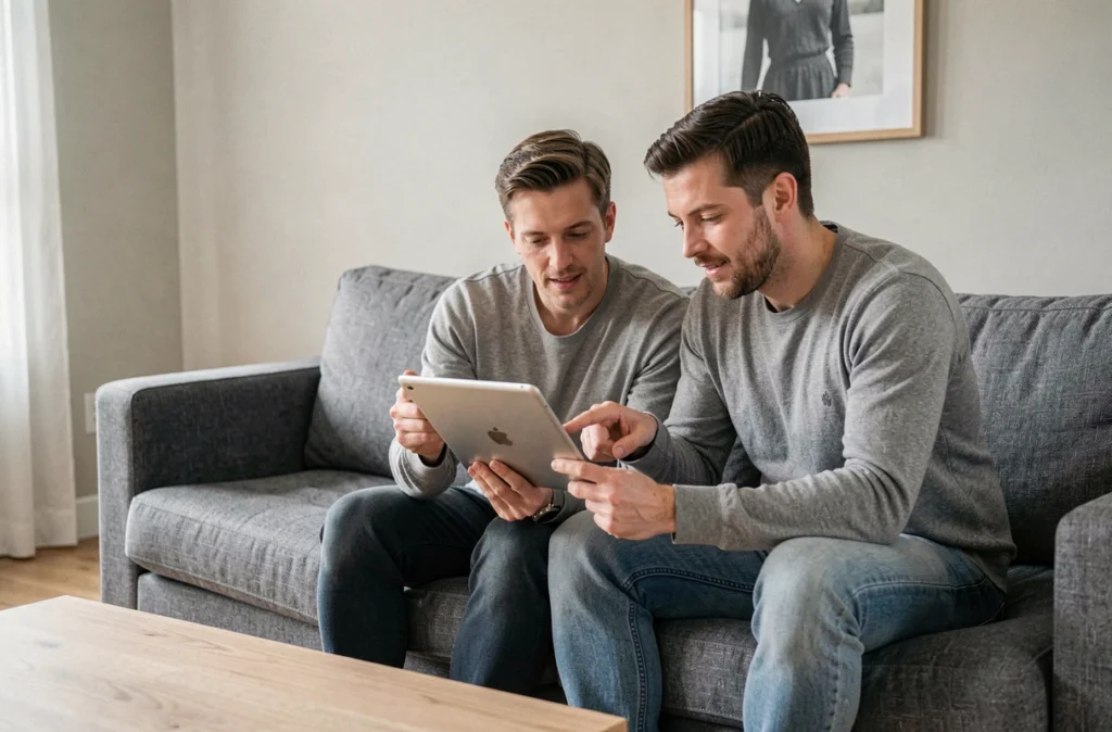 Couple vérifiant la sécurité de leur compte client EDF ENR ensemble sur une tablette dans leur salon