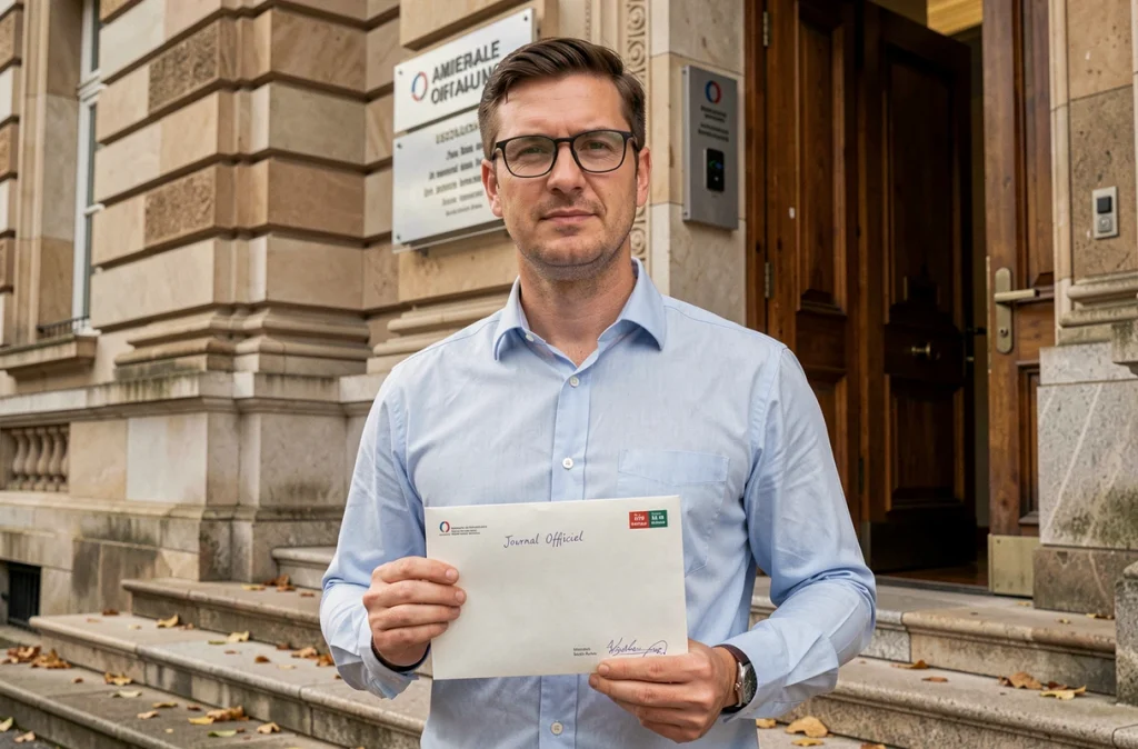Homme déposant un dossier officiel pour la parution d'une association au Journal Officiel devant un bâtiment administratif