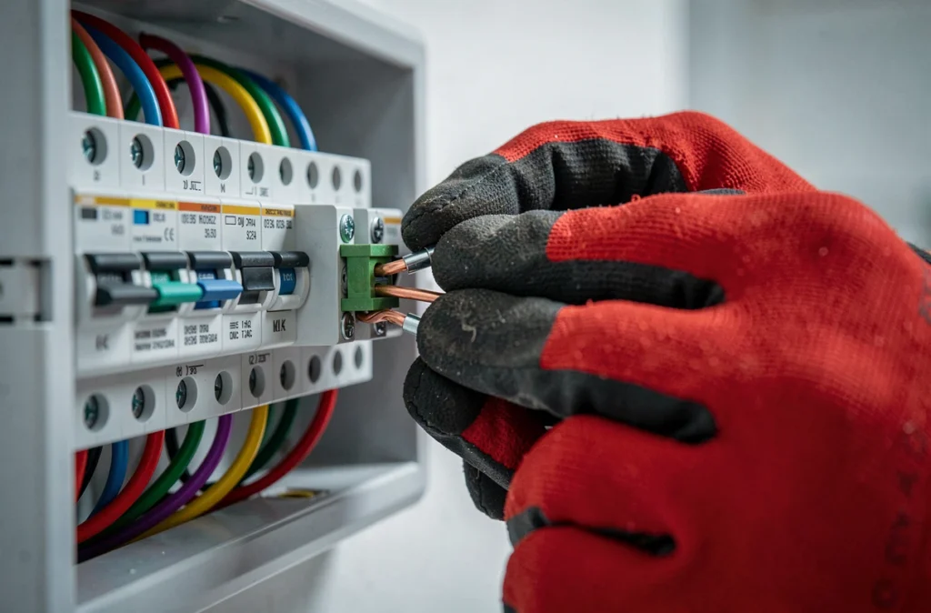 Gros plan des mains d'un électricien connectant des bornes de câblage dans un tableau électrique résidentiel