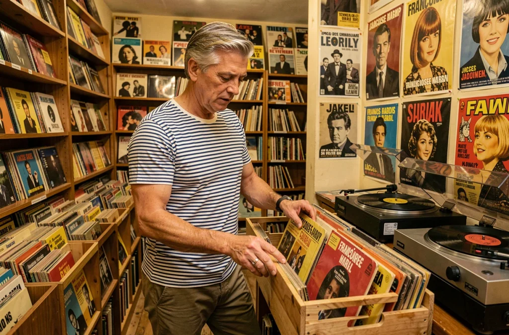 Homme feuilletant des vinyles de chansons françaises des années 60 dans une disquaire vintage
