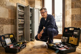 Électricien professionnel travaillant sur un tableau électrique dans un appartement parisien haussmannien