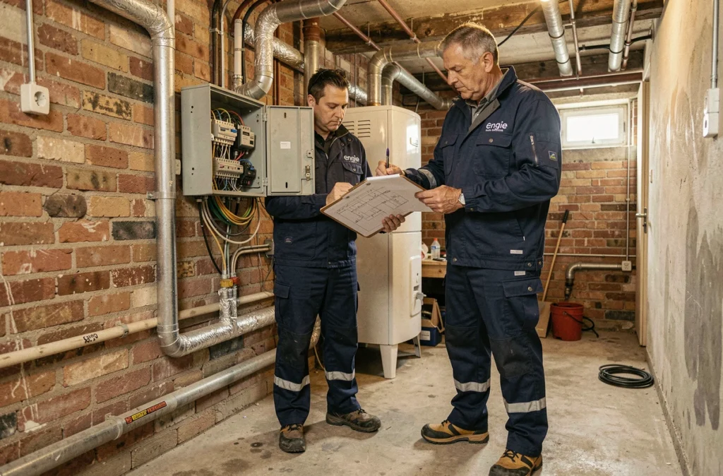 Technicien Engie Home Services contrôlant une installation électrique dans une cave technique parisienne