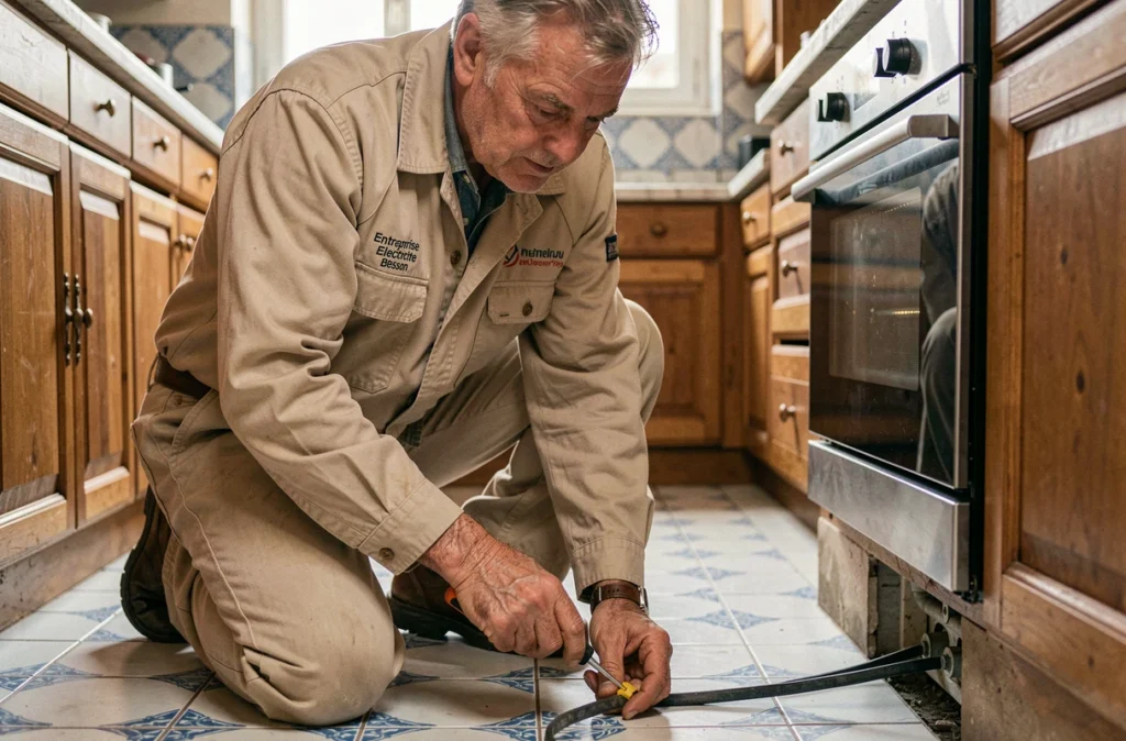 Électricien de l'Entreprise Électricité Besson connectant une prise de four dans une cuisine parisienne