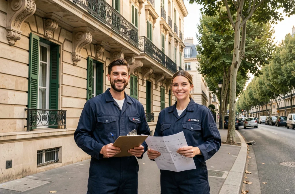 Binôme d'électriciens professionnels devant un immeuble haussmannien à Paris prêts pour une intervention