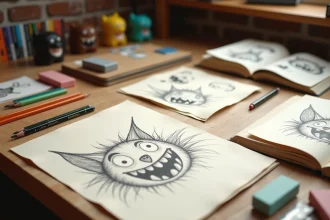Esquisses originales au crayon d'un personnage Labubu sur une table de travail d'illustrateur avec sketchbooks ouverts et crayons graphite