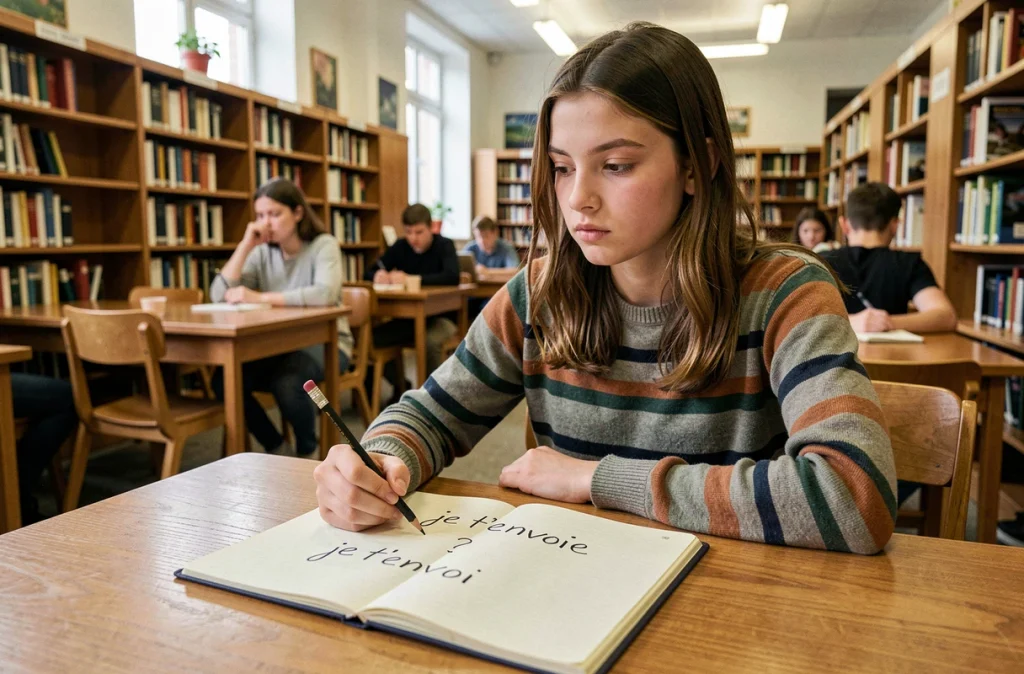 Adolescente dans une bibliothèque scolaire hésitant par écrit entre 'je t'envoie' et 'je t'envoi' dans son cahier, illustration de la règle orthographique française