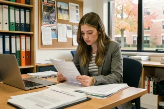 Étudiante révisant des documents officiels pour la publication d'une association au Journal Officiel
