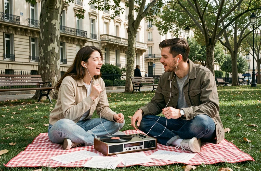 Deux étudiants écoutant et chantant des chansons françaises des années 60 dans un parc parisien avec des paroles imprimées