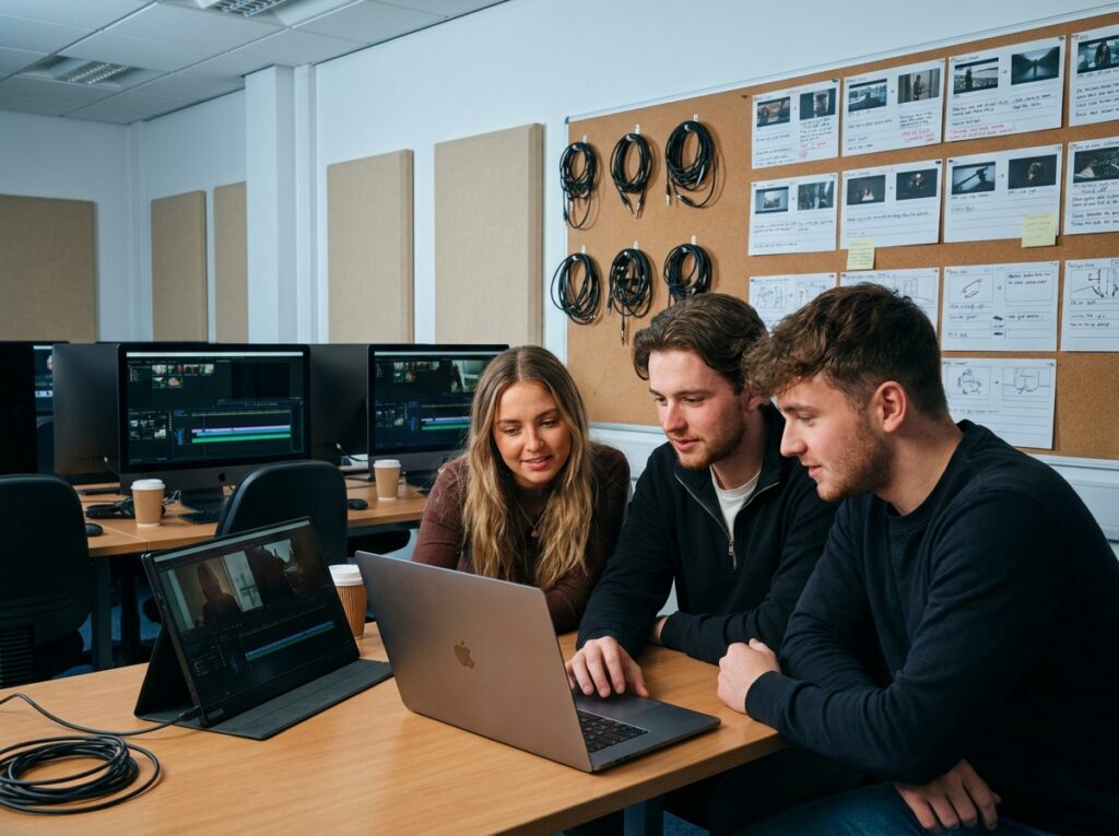 Étudiants en audiovisuel collaborant dans une salle de montage de formation cinéma