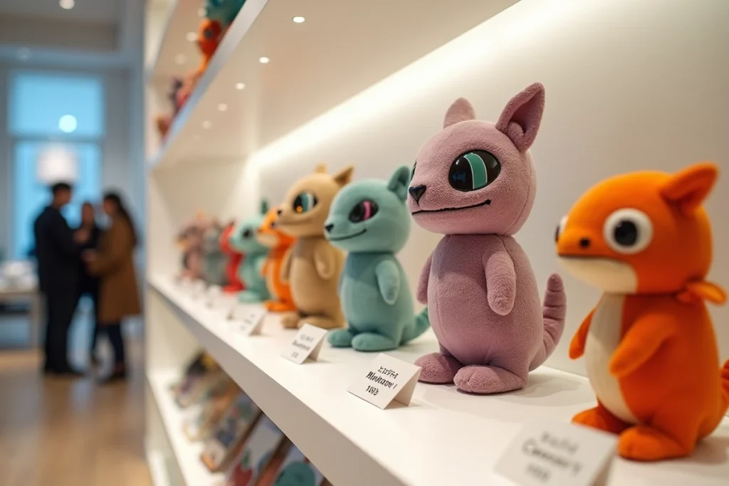 Étagère de boutique de jouets design présentant l'évolution chronologique des peluches Labubu en éditions collector