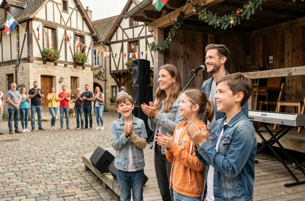 Famille profitant gratuitement d'un concert de musique folklorique lors d'une fête de village traditionnelle en France