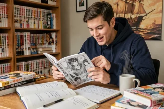 Fan de manga lisant le scan de One Piece chapitre 1143 à son bureau entouré de volumes de manga