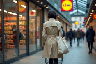 Femme entrant dans un supermarché Lidl à Paris avec un caddie, façade en verre et enseigne rouge visible