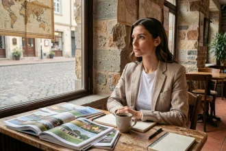 Femme lisant des magazines de voyage dans un café au décor bohème avec murs en pierre et vue sur rue pavée européenne