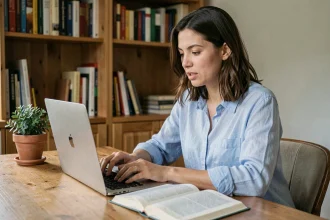 Femme hésitante devant son ordinateur portable avec un livre de grammaire française ouvert, illustrant le doute orthographique entre 'envoie' et 'envoi'
