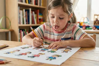 Petite fille dessinant du pixel art sur papier quadrillé avec des crayons de couleur pendant les vacances