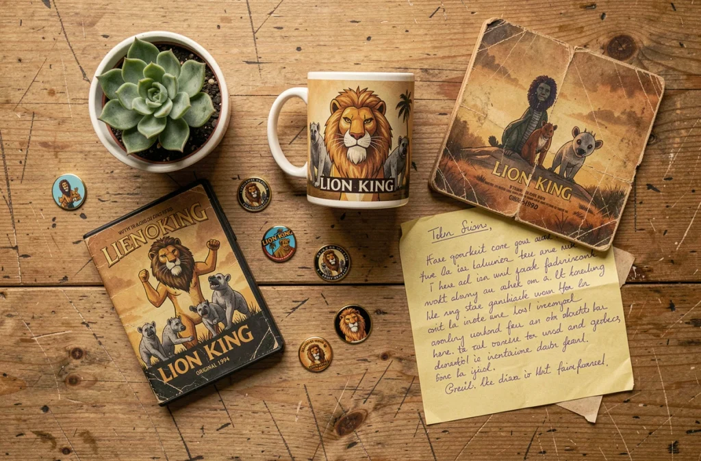 Flat lay de produits dérivés du Roi Lion incluant tasse, épingles et DVD vintage sur une table en bois