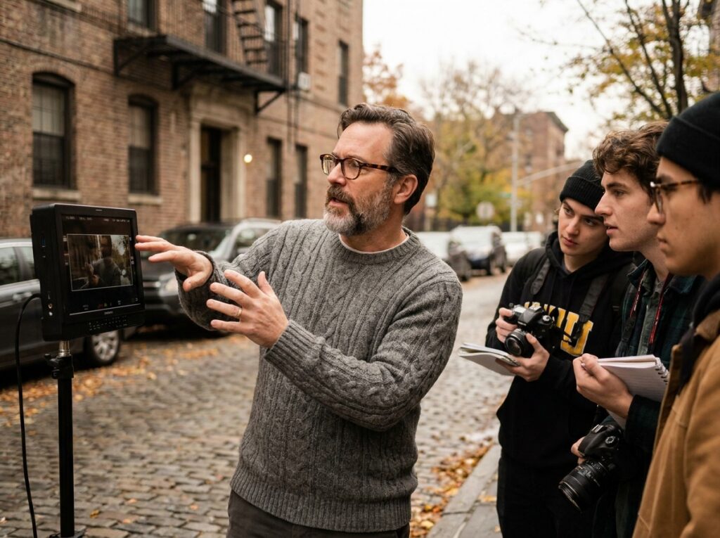 Formateur en cinéma guidant des étudiants lors d'un atelier de tournage en extérieur