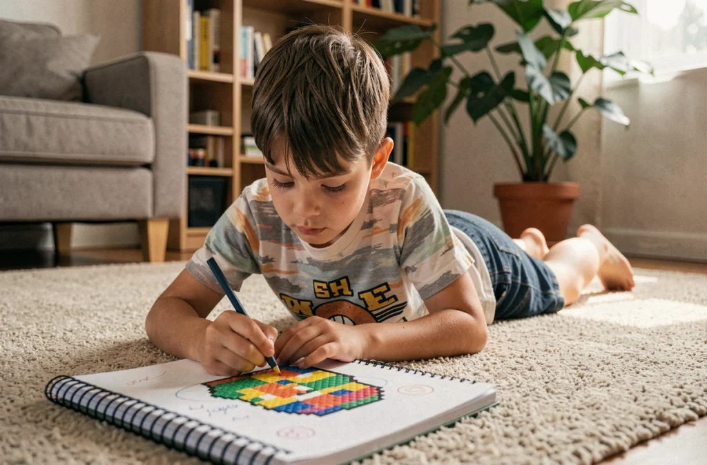 Garçon allongé sur le tapis coloriant un dessin pixel art dans son cahier de vacances