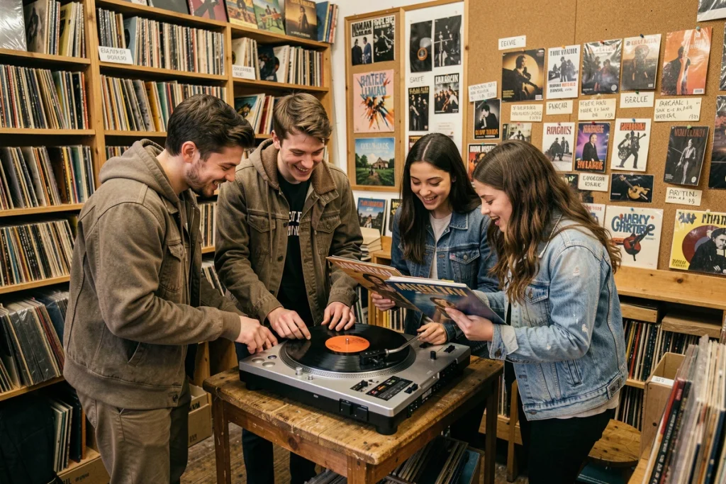 Groupe de jeunes adultes dans un magasin de disques indépendant de Manchester, découvrant des albums vinyles de groupes rock anglais emblématiques