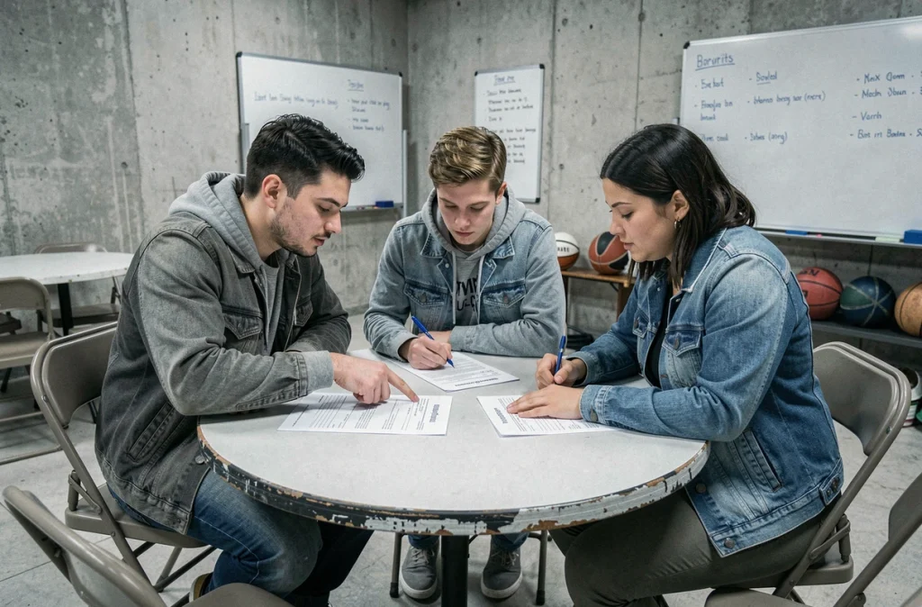 Groupe de jeunes adultes remplissant un formulaire de déclaration d'association sportive ou culturelle