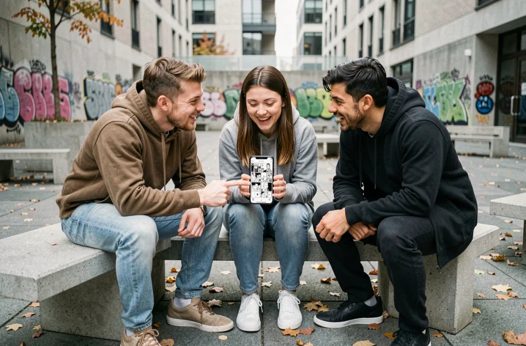 Groupe de jeunes fans discutant des scans de Jujutsu Kaisen sur smartphone dans une place urbaine en automne