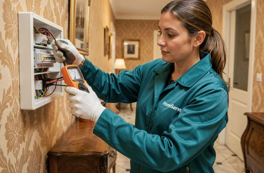 Technicienne HomeServe effectuant un diagnostic sur un tableau de fusibles dans une maison de ville parisienne