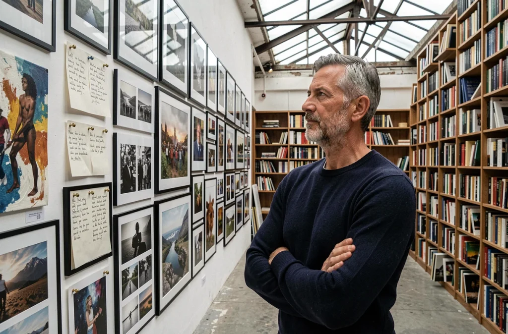 Homme contemplant un mur de galerie d'art mêlant photographies de voyage, peintures abstraites et notes manuscrites dans un studio créatif