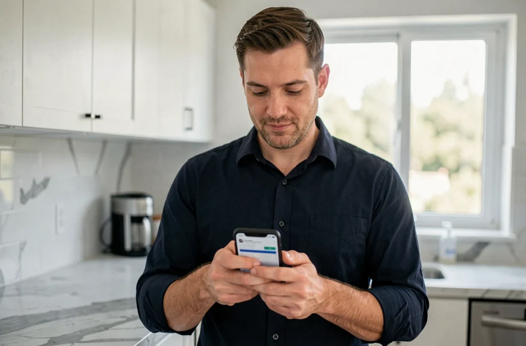 Homme consultant et sécurisant son espace client EDF ENR sur smartphone dans une cuisine moderne