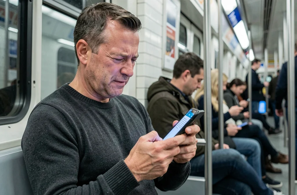 Homme relisant un message sur smartphone dans le métro, hésitant sur l'orthographe correcte du verbe envoyer en français