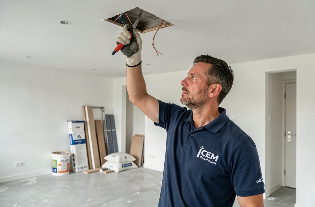 Technicien ICEM Rénovation installant des luminaires encastrés dans un appartement parisien rénové