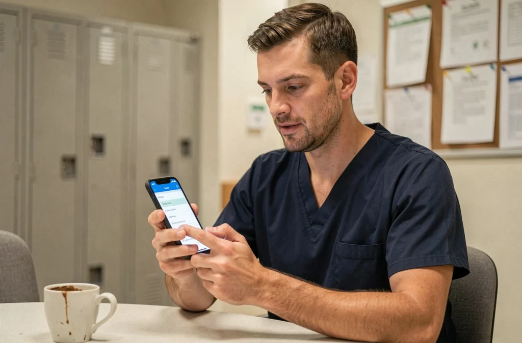 Infirmier hospitalier accédant à son espace CGOS en ligne depuis son smartphone pendant une pause