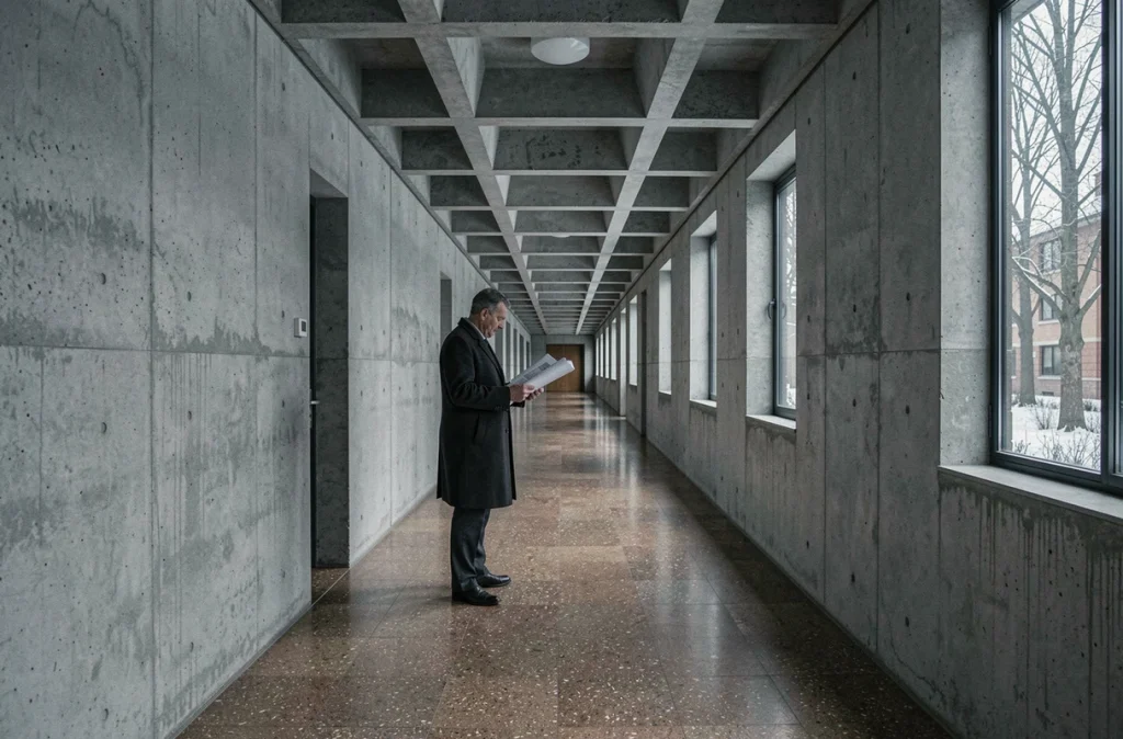 Couloir intérieur en béton brut d'un bâtiment institutionnel de style Marcel Breuer avec sol en terrazzo et fenêtres en bandeau