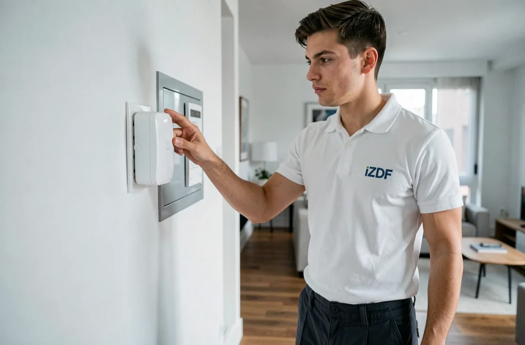 Technicien IZI by EDF installant un gestionnaire d'énergie connecté dans un appartement moderne à Paris
